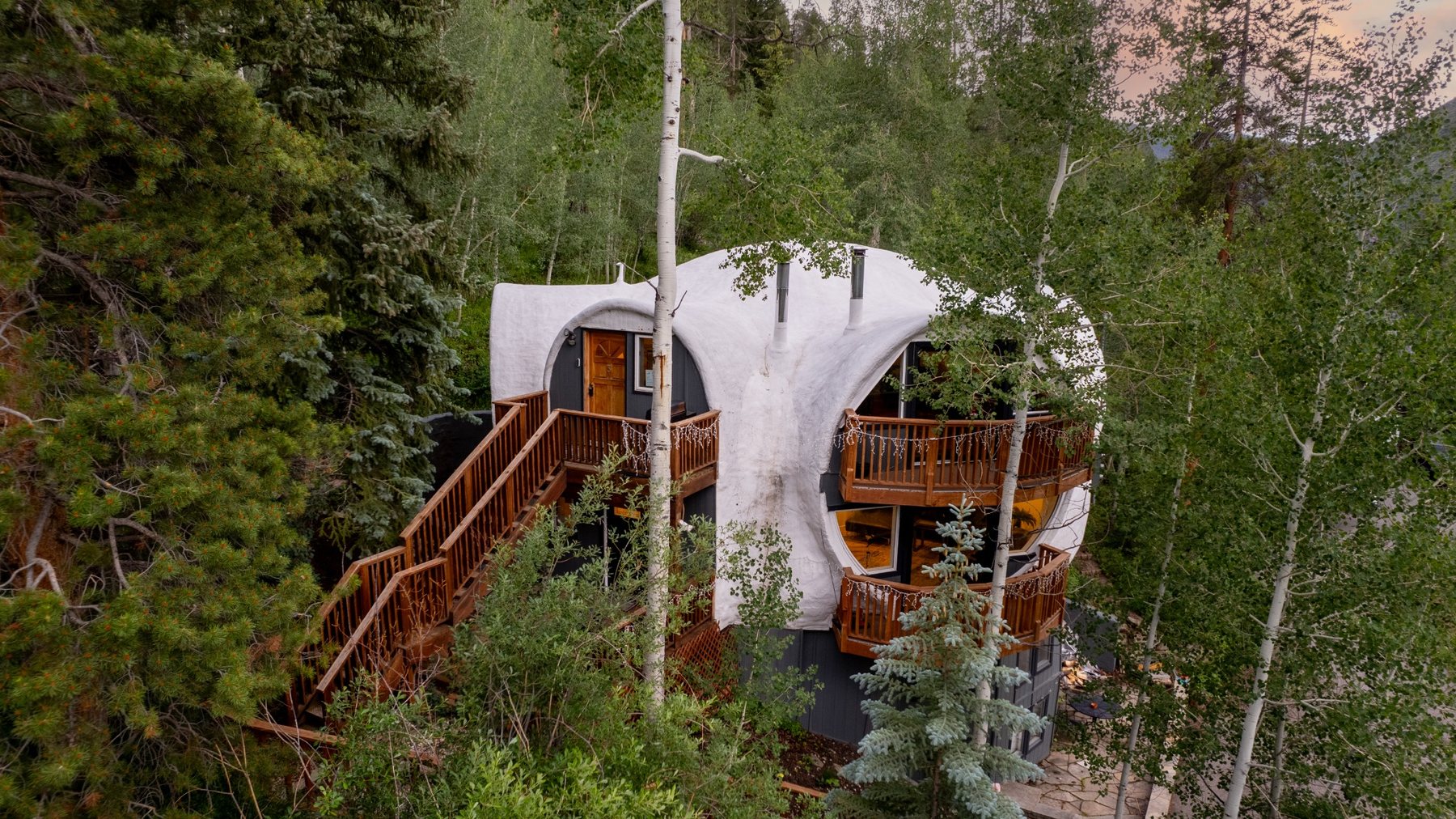 Exterior of the dome surrounded by aspens
